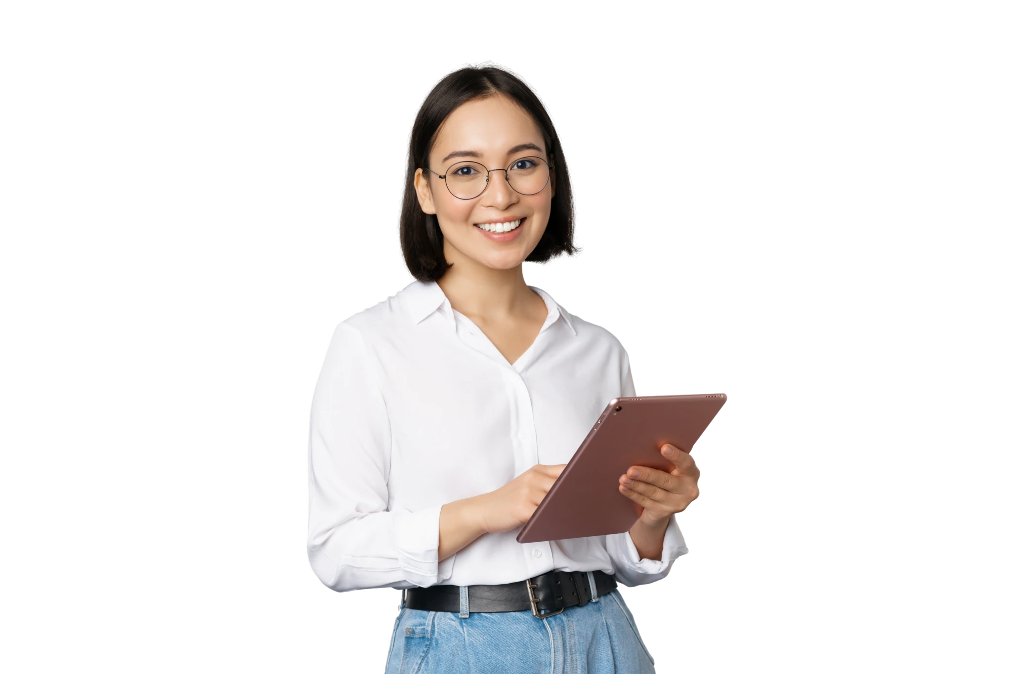 image-young-asian-woman-company-worker-glasses-smiling-holding-digital-tablet-standing-white-backgroun_transparent_Craiyon